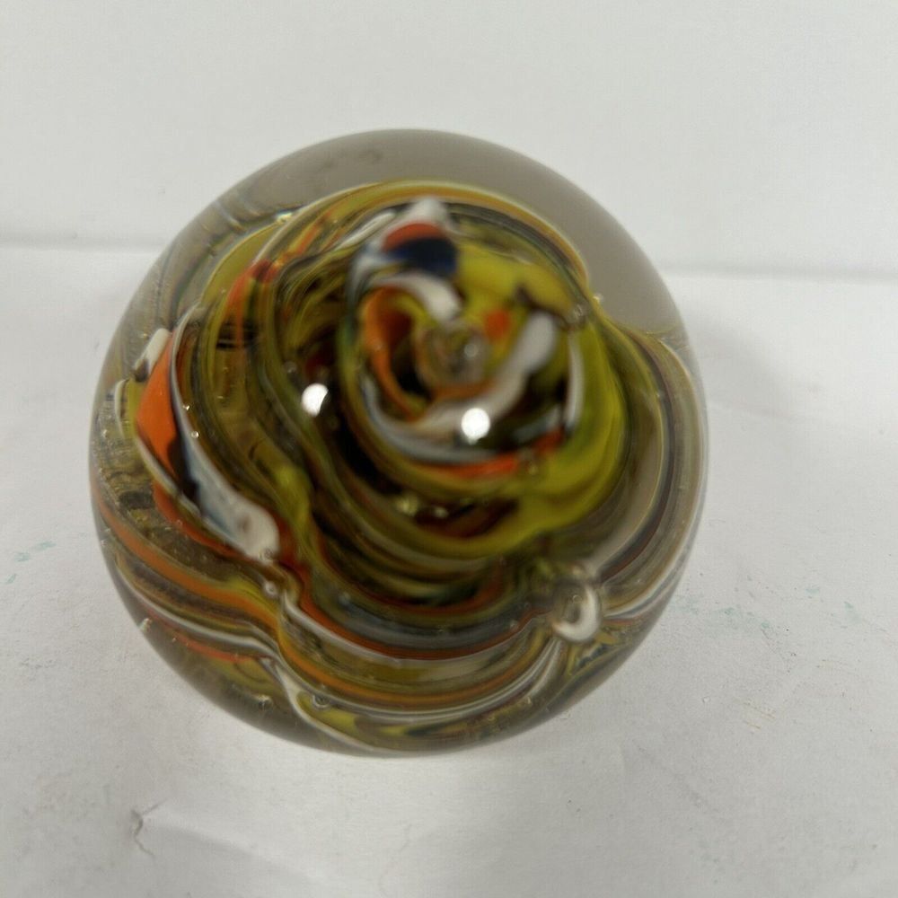 Vtg‎ Art Glass Paperweight Orange Yellow White Swirl Round Glass MCM 2 1/2" Fall